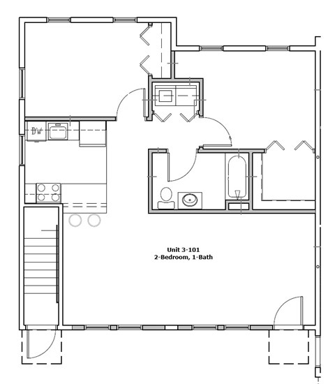 A floor plan of a 2-bedroom, 1-bath unit labeled "Unit 3-101".